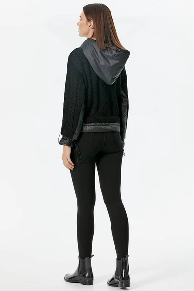 Miflon Kombinli  Kapüşonlu Triko Kazak - Siyah - Resim 5