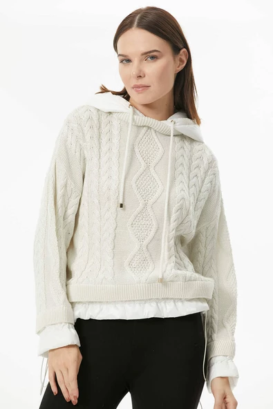 Miflon Kombinli  Kapüşonlu Triko Kazak - Kemik - Resim 3