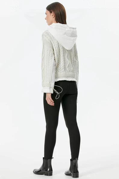 Miflon Kombinli  Kapüşonlu Triko Kazak - Kemik - Resim 5