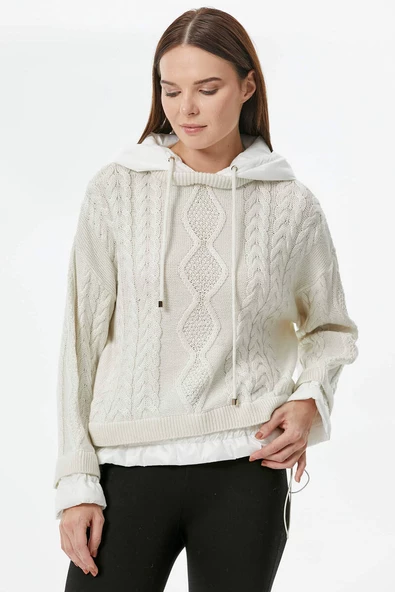 Miflon Kombinli  Kapüşonlu Triko Kazak - Kemik ürün görseli 1