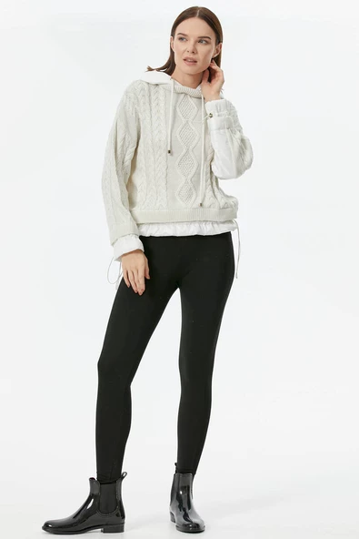 Miflon Kombinli  Kapüşonlu Triko Kazak - Kemik - Resim 2