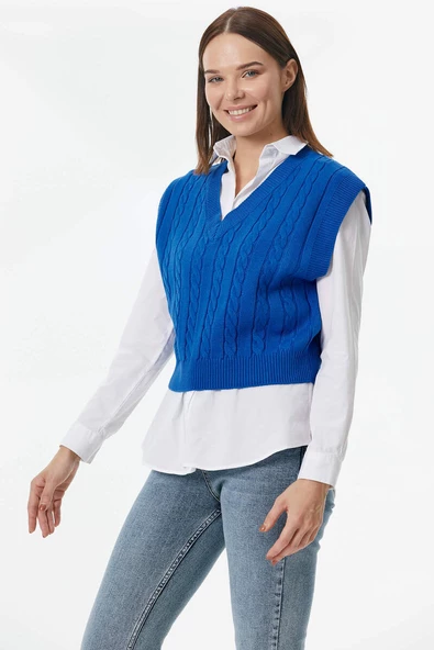 V Yaka Saç Örgülü Triko Süveter - Saks - Resim 4