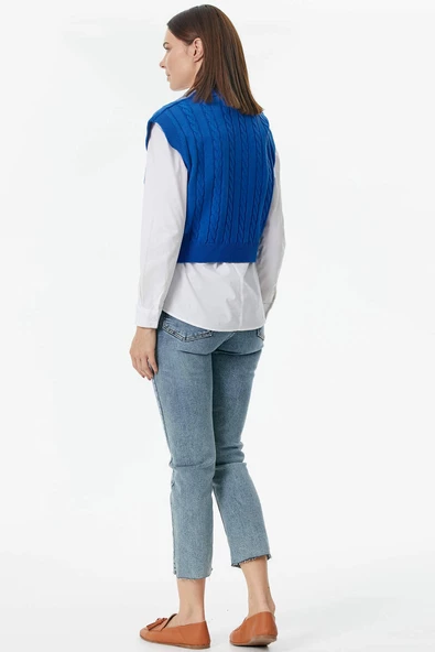 V Yaka Saç Örgülü Triko Süveter - Saks - Resim 5