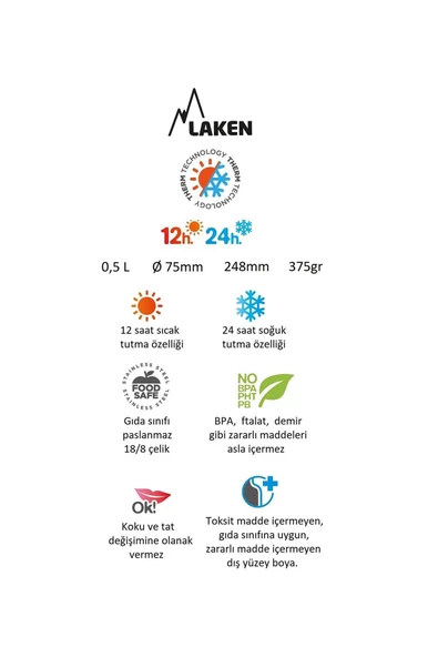 Laken Çelik 18/8 Bardak Kapaklı Termos Şişe 0,50L - Mavi LK1850A - 2