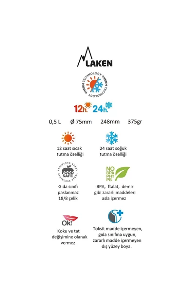 Laken Çelik 18/8 Bardak Kapaklı Termos Şişe 0,50L - Kırmızı LK1850R - Resim 2