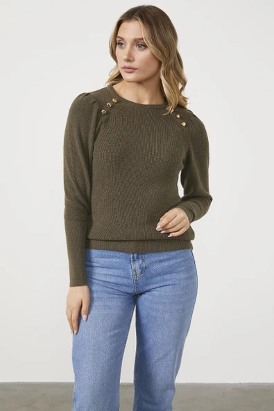 Sıfır Yaka Omuzları Düğmeli Triko Kazak - Haki - Resim 2