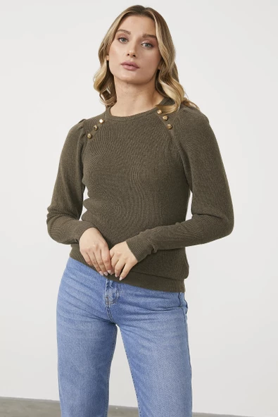 Sıfır Yaka Omuzları Düğmeli Triko Kazak - Haki - Resim 3