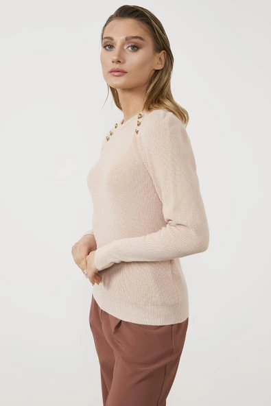 Sıfır Yaka Omuzları Düğmeli Triko Kazak - Pembe - Resim 4