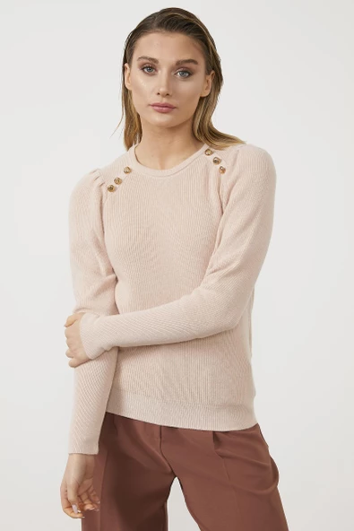 Sıfır Yaka Omuzları Düğmeli Triko Kazak - Pembe - Resim 3