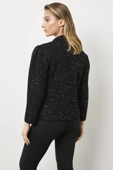 Pullu Fermuarlı Triko Hırka - Siyah - Resim 4