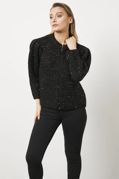 Pullu Fermuarlı Triko Hırka - Siyah ürün görseli