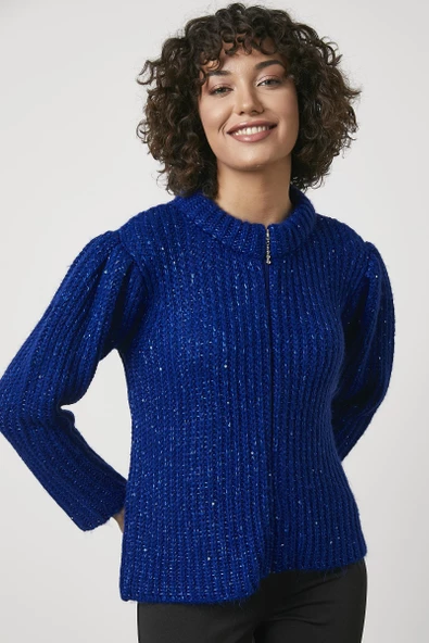 Pullu Fermuarlı Triko Hırka - Saks ürün görseli