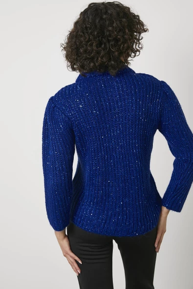 Pullu Fermuarlı Triko Hırka - Saks - Resim 4