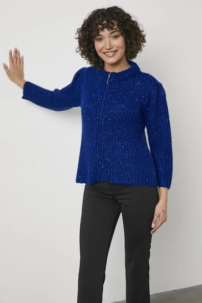 Pullu Fermuarlı Triko Hırka - Saks - Resim 5