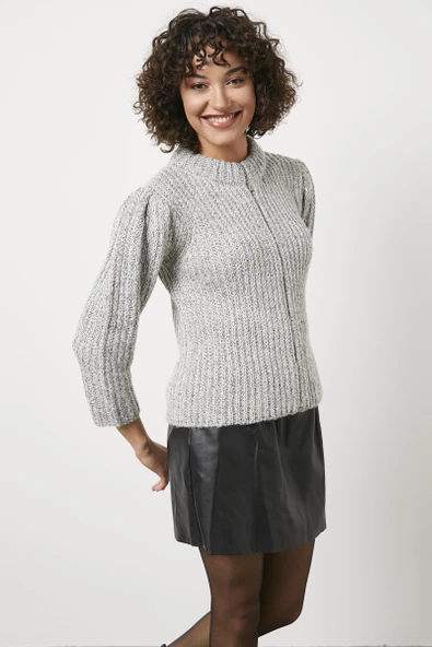 Pullu Fermuarlı Triko Hırka - Gri - Resim 2