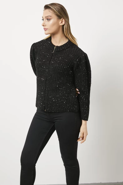 Pullu Fermuarlı Triko Hırka - Siyah - Resim 2