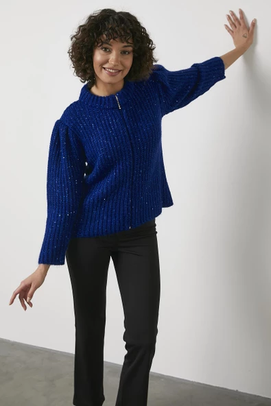 Pullu Fermuarlı Triko Hırka - Saks - Resim 3