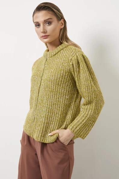 Pullu Fermuarlı Triko Hırka - Hardal - Resim 4