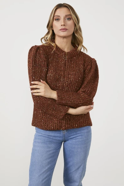 Pullu Fermuarlı Triko Hırka - Kahve - Resim 2