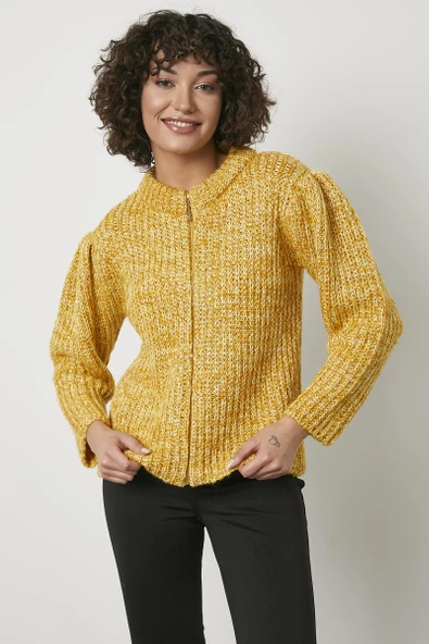 Pullu Fermuarlı Triko Hırka - Sarı - Resim 2