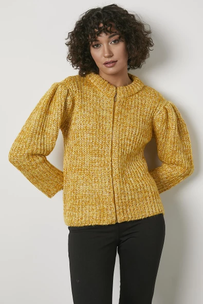 Pullu Fermuarlı Triko Hırka - Sarı ürün görseli