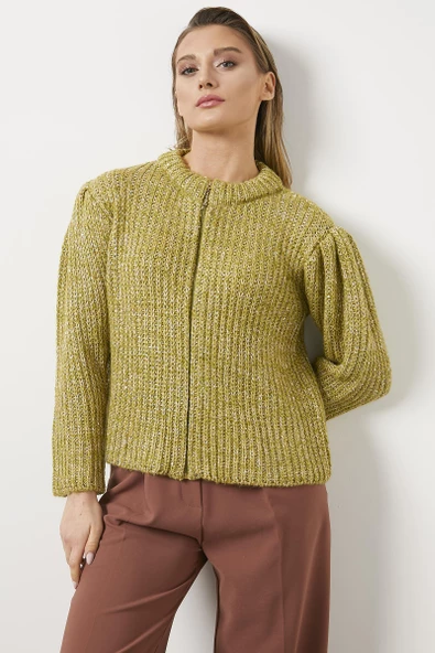 Pullu Fermuarlı Triko Hırka - Hardal ürün görseli