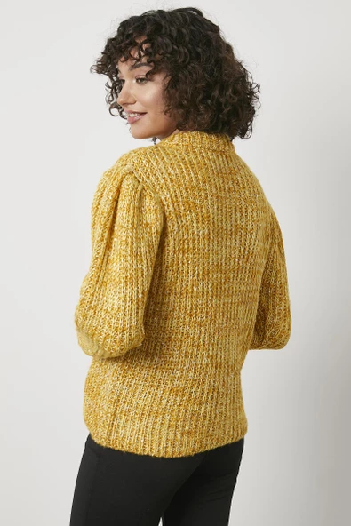 Pullu Fermuarlı Triko Hırka - Sarı - Resim 3