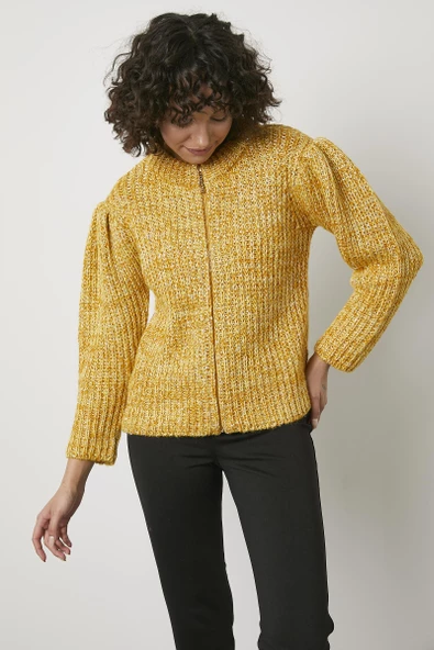 Pullu Fermuarlı Triko Hırka - Sarı - Resim 4