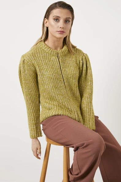 Pullu Fermuarlı Triko Hırka - Hardal - Resim 5