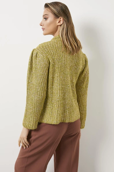 Pullu Fermuarlı Triko Hırka - Hardal - Resim 3