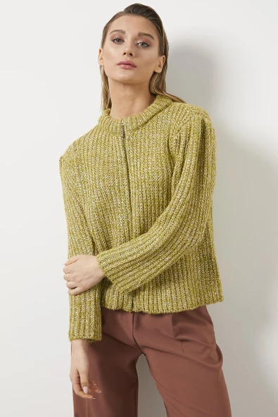 Pullu Fermuarlı Triko Hırka - Hardal - Resim 2