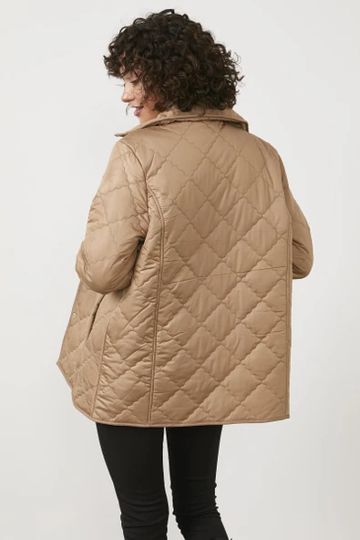 Kapitone Rahat Kalıp İçi Peluş Mont - Kamel - Resim 6