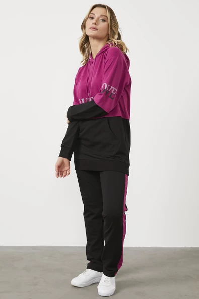 Geniş Kalıp Çift Renk Eşofman Takım - Fuşya - Resim 4