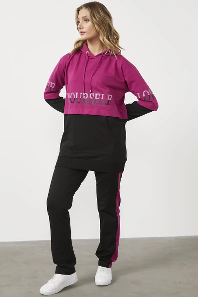 Geniş Kalıp Çift Renk Eşofman Takım - Fuşya - Resim 3