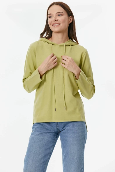 Kapüşonlu Arkası Uzun Triko Kazak - Yeşil - Resim 2