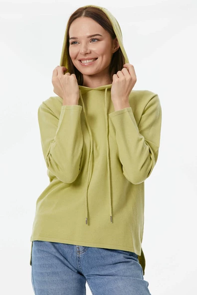 Kapüşonlu Arkası Uzun Triko Kazak - Yeşil - Resim 4