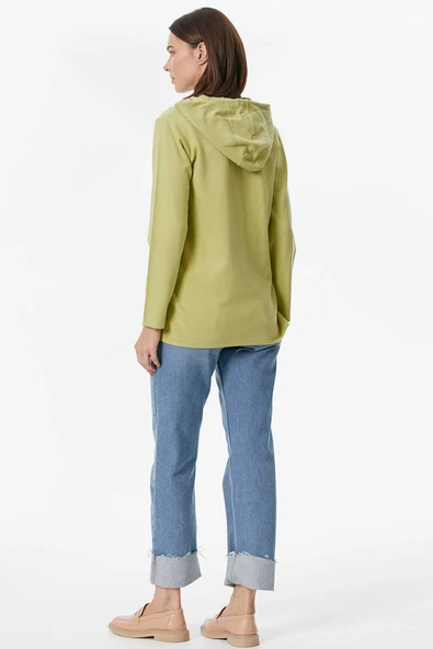 Kapüşonlu Arkası Uzun Triko Kazak - Yeşil - Resim 5