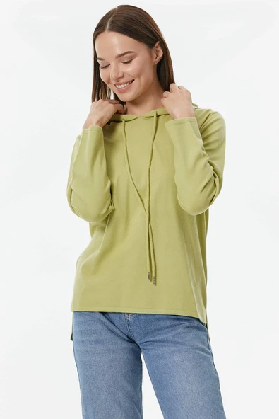 Kapüşonlu Arkası Uzun Triko Kazak - Yeşil - Resim 3