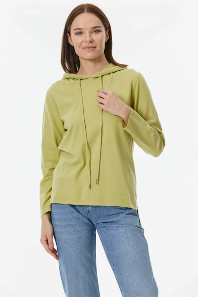 Kapüşonlu Arkası Uzun Triko Kazak - Yeşil ürün görseli 1