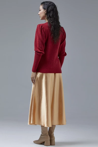 Sıfır Yaka Omuzları Düğmeli Triko Kazak - Kırmızı - Resim 4