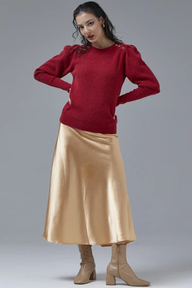 Sıfır Yaka Omuzları Düğmeli Triko Kazak - Kırmızı - Resim 3