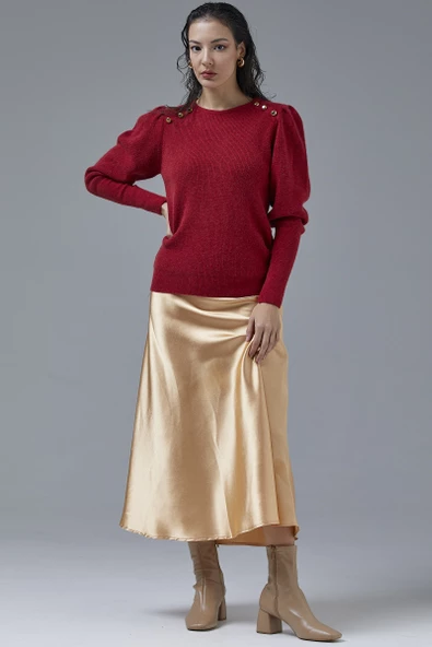 Sıfır Yaka Omuzları Düğmeli Triko Kazak - Kırmızı - Resim 2