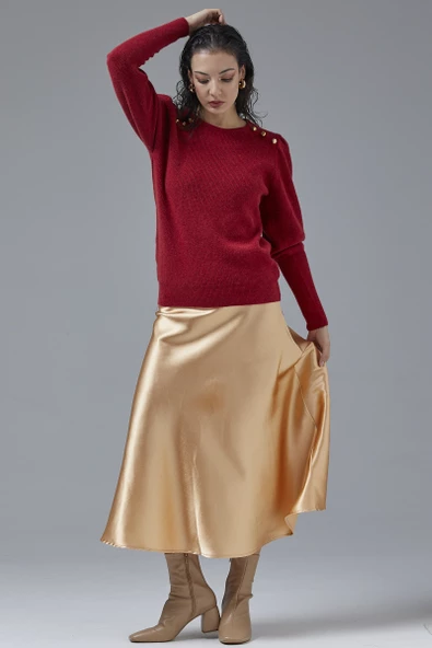 Sıfır Yaka Omuzları Düğmeli Triko Kazak - Kırmızı ürün görseli