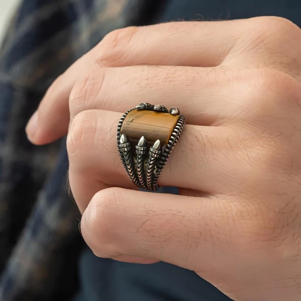 Pençeli Model Kaplan Gözü Taşlı 925 Gümüş Erkek Yüzük - 5