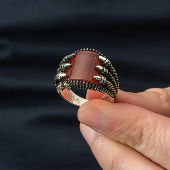 Pençeli Model Akik Taşlı 925 Gümüş Erkek Yüzük - 3