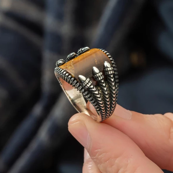 Pençeli Model Kaplan Gözü Taşlı 925 Gümüş Erkek Yüzük - 8