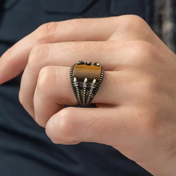 Pençeli Model Kaplan Gözü Taşlı 925 Gümüş Erkek Yüzük - 9