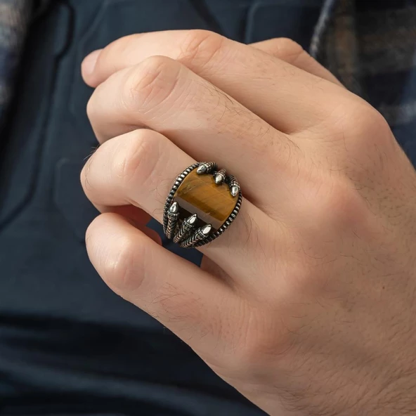 Pençeli Model Kaplan Gözü Taşlı 925 Gümüş Erkek Yüzük - 7