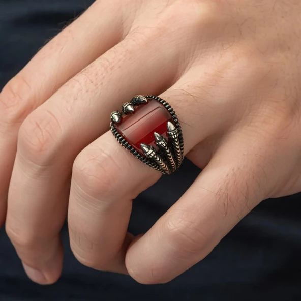 Pençeli Model Akik Taşlı 925 Gümüş Erkek Yüzük - 6