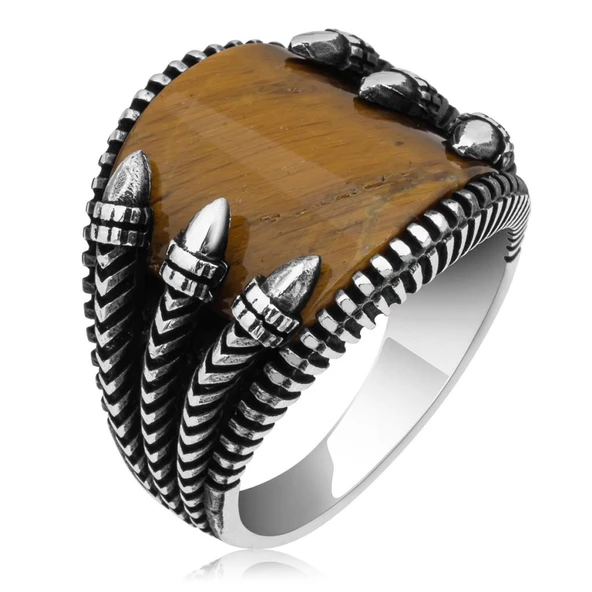 Pençeli Model Kaplan Gözü Taşlı 925 Gümüş Erkek Yüzük - 12